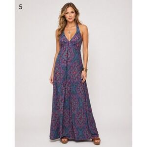 High Tide California 70s Hawaiian Maxi Dress XXS Purple Retro Polyester Vintage